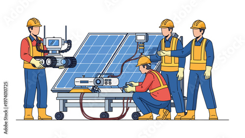 Solar Panel Inspection: Engineers and technicians collaborate in the field, meticulously inspecting a solar panel with cutting-edge technology and precision.
