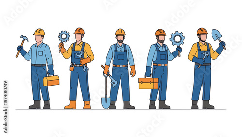 Builders at Work: A team of construction workers stand with essential tools, symbolizing the essence of skillful craftsmanship and dedicated labor.
