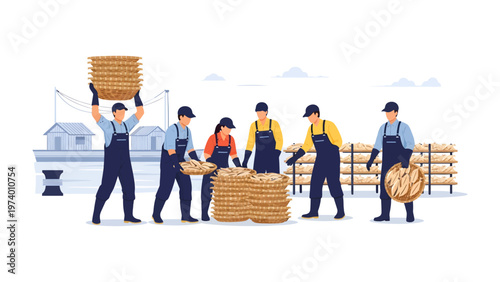Harvest Time: Workers meticulously unload a large collection of baskets, carrying the weight of their toil as they perform their tasks. A scene of Industry.