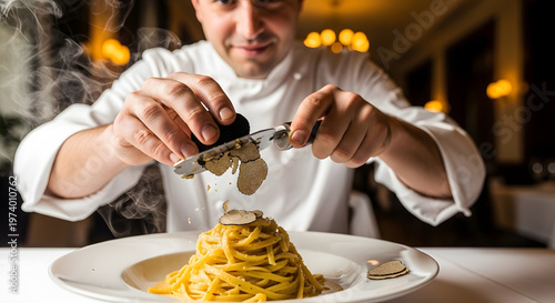 A male chef carefully slicing expensive black truffle onto a plate of steaming creamy pasta in a fine dining restaurant