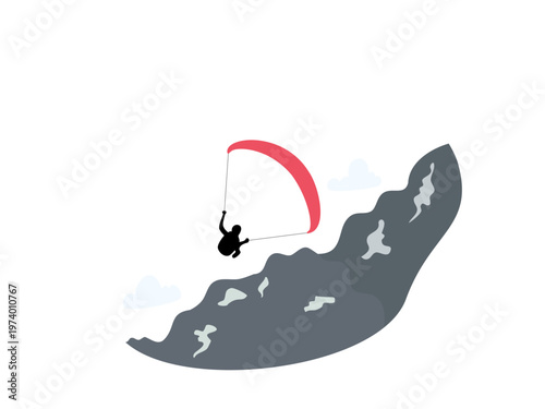 Illustration of a paraglider flying over mountains and rocks