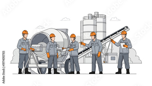 Construction Site: Engineers and construction workers in hard hats collaborate around industrial machinery.