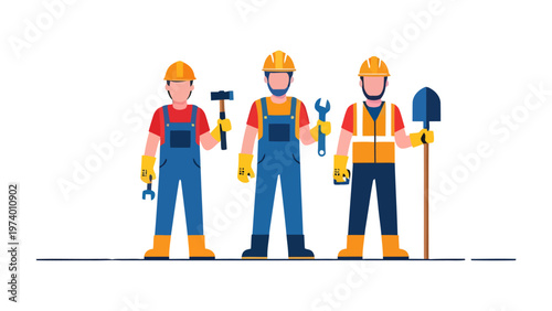 Construction Crew with Tools: A team of construction workers stand ready, each equipped with their essential tools, embodying diligence and collaborative spirit in the field.