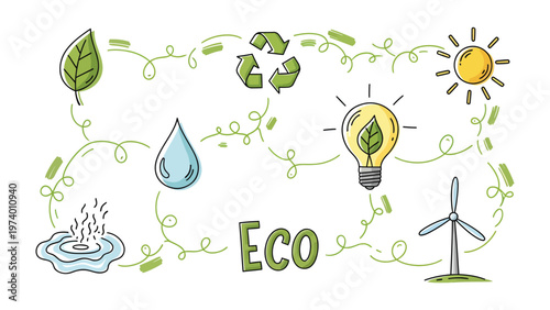 Eco-Friendly Illustration: A charming, hand-drawn illustration depicting essential elements of eco-friendliness, promoting conservation, and sustainable practices.
