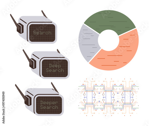 Data analysis, artificial intelligence, search levels, technology layers, machine learning, digital connectivity. Devices labeled Search, Deep Search, Deeper Search with charts and digital circuits
