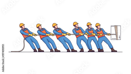 Tug of War: A dedicated team of construction workers showcases the power of coordinated effort as they pull together on a rope to move a heavy package. Representing unity and determination.