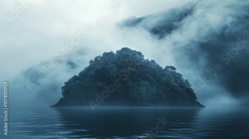mysterious island covered in thick fog, barely visible trees, generative ai
