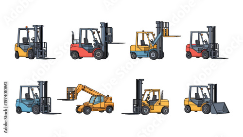 Industrial Forklift & Material Handling Machines Vector Set. Diverse Heavy Equipment Icons for Logistics & Warehouse.
