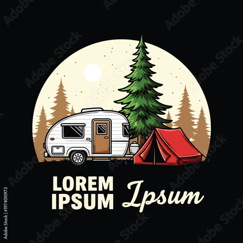 Nighttime camping adventure illustration with a classic travel trailer and tent in a serene forest landscape