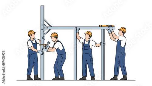 Construction Crew at Work: A team of construction workers is meticulously assembling a metal framework. Each worker focuses on a specific task with precision, bringing the project to life.