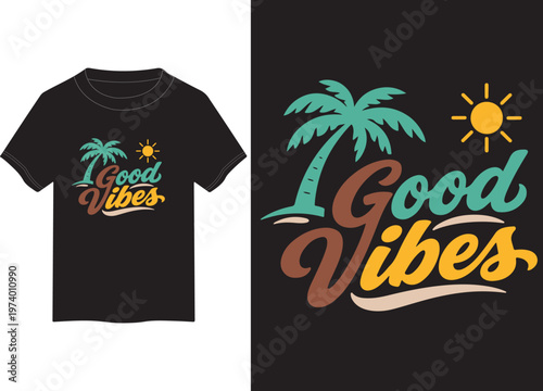 Stylish black cotton t-shirt featuring a colorful summer beach design with a palm tree and good vibes.