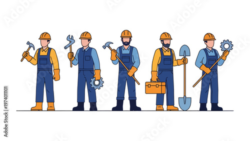 Construction Crew Illustration: A collection of construction workers, each holding a different tool, ready to build and create. This illustration captures the spirit of hard work and craftsmanship.