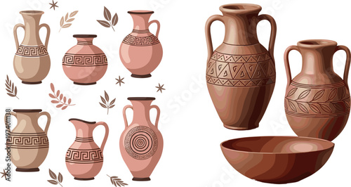Hand Painted Ceramic Pottery Vase Collection with Earth Tone Colors Traditional Patterns and Decorative Bowls in Detailed Flat Vector Illustration Set
