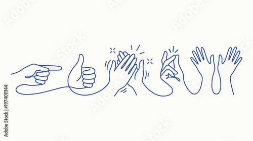 Vector simple blue linear illustration, hands and gestures, hand drawn illustration, poster, logo, print design template, business cooperation and teamwork concept volume 6