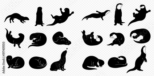 Set of Otter Silhouettes in Various Poses, Isolated on a Transparent Background.