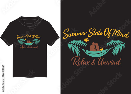 Black t-shirt with a summer state of mind graphic featuring a hammock and palm trees