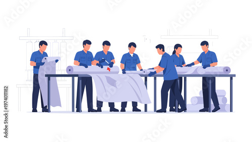 Teamwork in the textile workshop: a collaborative scene showcasing textile workers working on a large production line. 