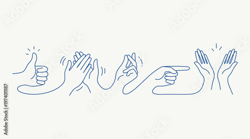 Vector simple blue linear illustration, hands and gestures, hand drawn illustration, poster, logo, print design template, business cooperation and teamwork concept volume 4