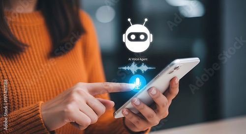 Woman using AI voice agent on smartphone for smart home and virtual assistance