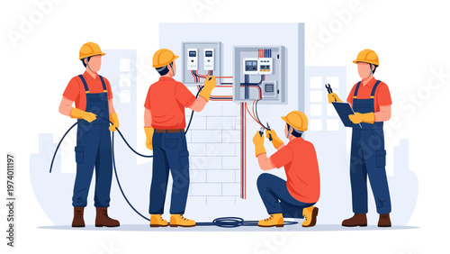 Electrical Technicians at Work: A team of skilled electrical technicians are working on the installation of electrical equipment, meticulously connecting wires and circuits with expertise.
