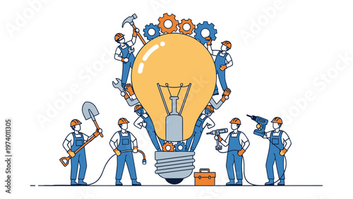 Ideas in Construction: A collaborative assembly of dedicated individuals meticulously constructing an innovative, luminous lightbulb, signifying the genesis of new ideas, problem-solving.