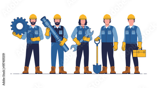Craftsmen in Unity: A united group of skilled craftsmen, each holding their essential tools and dressed in work attire, standing together to illustrate teamwork and expertise.