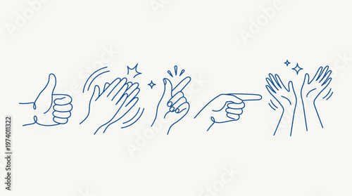 Vector simple blue linear illustration, hands and gestures, hand drawn illustration, poster, logo, print design template, business cooperation and teamwork concept