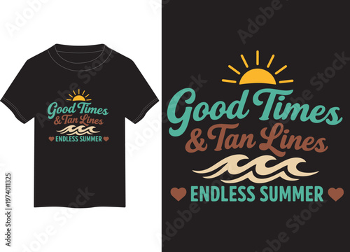 Black t-shirt featuring a colorful summer-themed graphic with the text good times and tan lines.