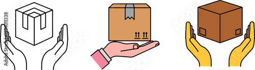 Hands Holding Package Icon Set with Cardboard Box Care Delivery Protection Symbols for Shipping Logistics and Safe Parcel Handling Illustration