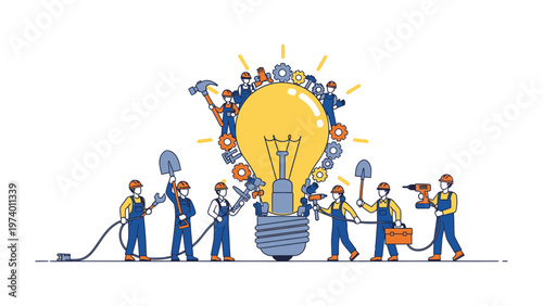 Illuminating Innovation: A team of dedicated workers collaborates to construct a colossal lightbulb, symbolizing the birth of a bright idea and teamwork
