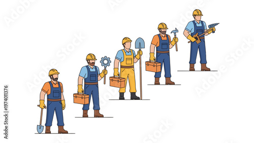 Construction Workers Team: A team of construction workers stand confidently, each holding a different tool, ready to collaborate and bring their expertise to the project.