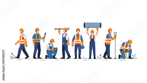 Construction Workers in Action: A dynamic illustration presents a team of construction workers engaged in various tasks. Capturing a day on the construction site and the essence of building.