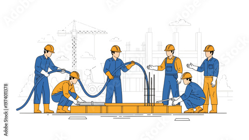 Construction Crew at Work: Illustrative depiction of a construction crew working diligently together, pouring concrete and building the foundation of a new project.
