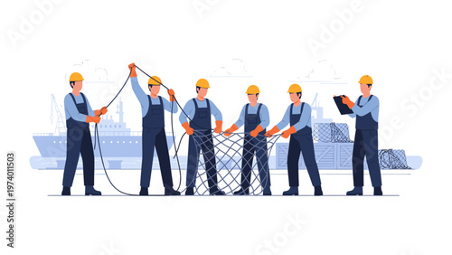 Collaboration in Maritime Trade: A team of skilled maritime workers working collaboratively to prepare and maintain their fishing net.