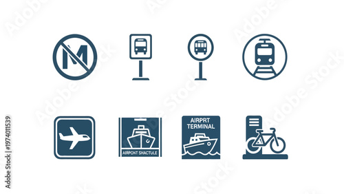 Public Transportation & Travel Icons Set: Bus, Train, Airport, Ferry, Bicycle, No Motor Vehicles Signs
