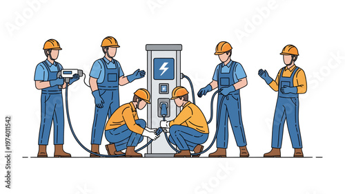 Electric Vehicle Station Technicians: A team of skilled technicians diligently inspect and maintain an electric vehicle charging station.