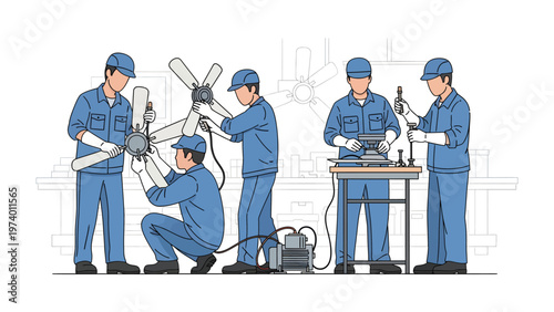Assembly Line in Action: A group of skilled workers meticulously assemble and repair ceiling fans, showcasing a commitment to precision and expertise in the realm of mechanical craftsmanship.