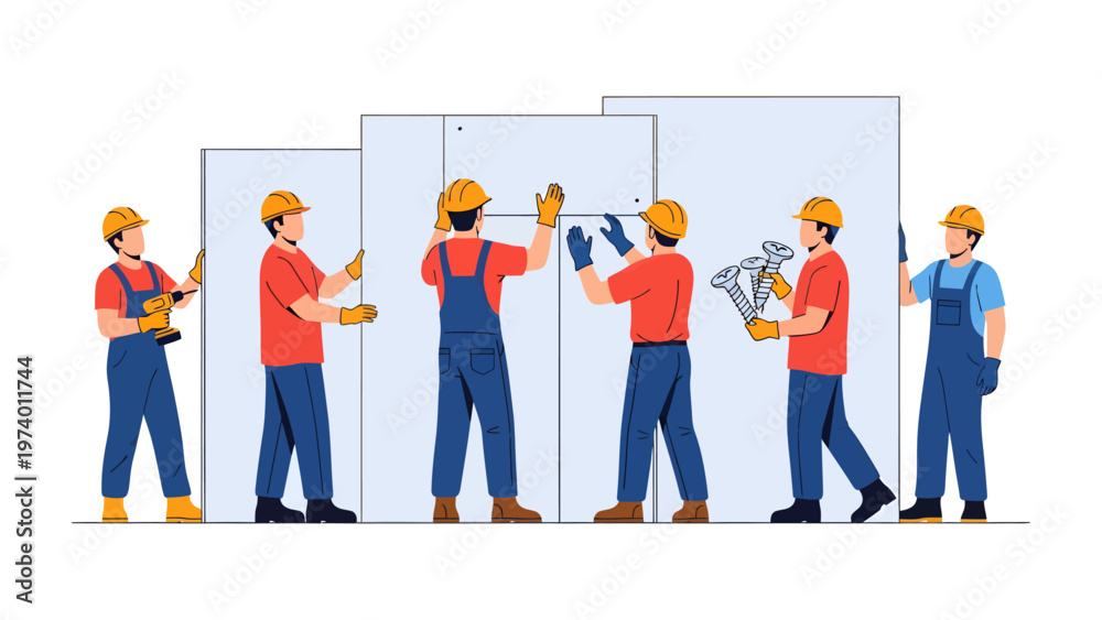 Obraz premium Construction Crew: A team of skilled workers, united in their task, meticulously install prefabricated panels, their focused efforts reflecting precision and collaborative craftsmanship.