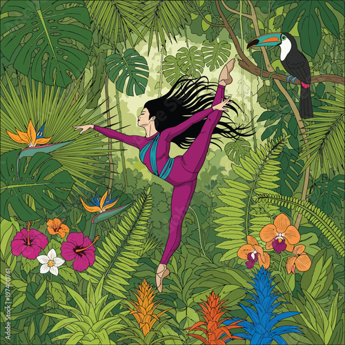 A woman performing a graceful standing split yoga pose.