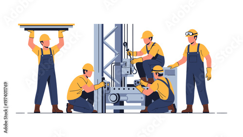Industry Professionals at Work: Skilled professionals collaborate to assemble machinery, highlighting the precision and coordination required in modern industry. 