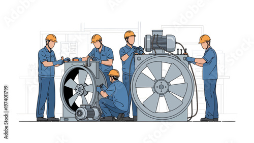 Engineers Assembling Machinery: A team of skilled engineers meticulously assembling complex machinery, showcasing precision and teamwork in an industrial setting. 