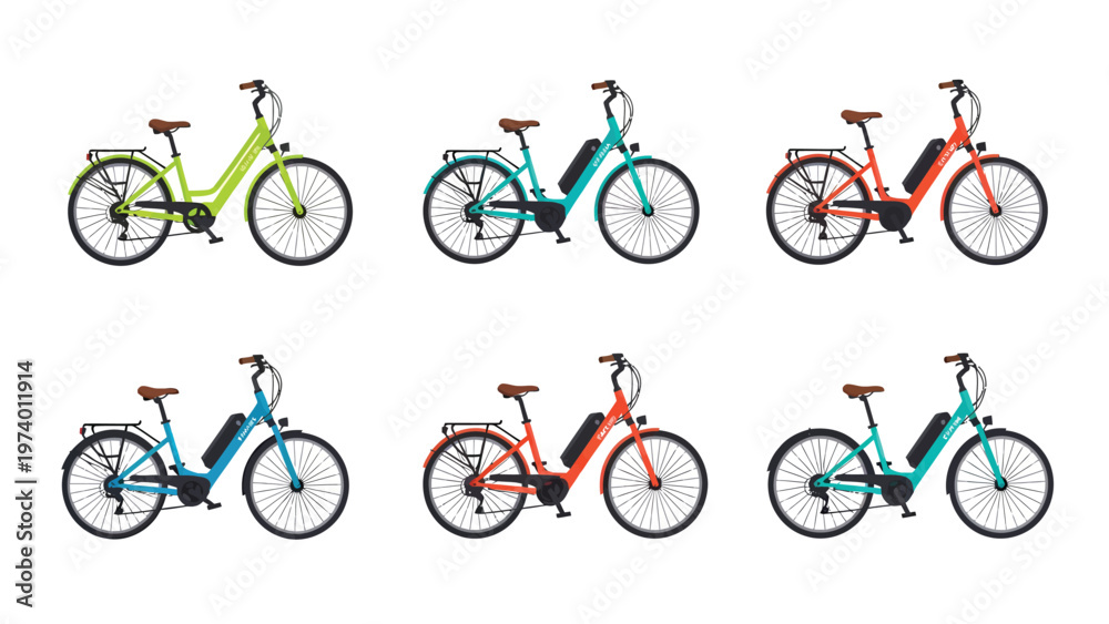 Fototapeta premium Colorful Electric Bicycles Collection. Various E-bikes with Step-Through Frames and Batteries on White Background.