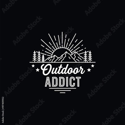 Outdoor enthusiast emblem featuring mountain peaks, forest trees, and a radiant sun design