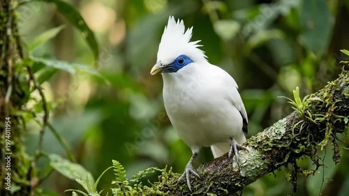Exquisite Bali Myna Bird Perched on Mossy Branch in Jungle 4K