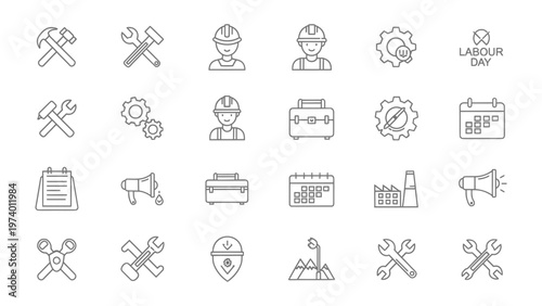Labor Day Icons Collection: A collection of meticulously crafted icons, each a symbol of the labor force, featuring tools, workers, and industrial elements. Perfect for web design, presentations.