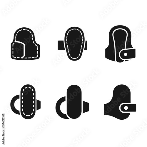 Set of six black icons representing menstrual pads and sanitary napkins, different shapes.
