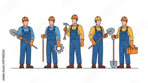 Construction Team Illustration: A united team of construction workers stand side-by-side, each equipped with essential tools and gear, ready to build and create, embodying strength, skill.