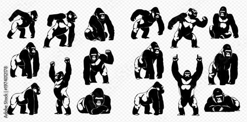 Set of black and white gorilla illustrations in various dynamic poses, showcasing strength and power.