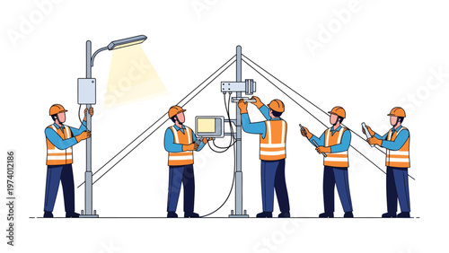Streetlight Maintenance: A team of skilled technicians meticulously work on the maintenance of a modern streetlight system. Focusing on precision and expertise