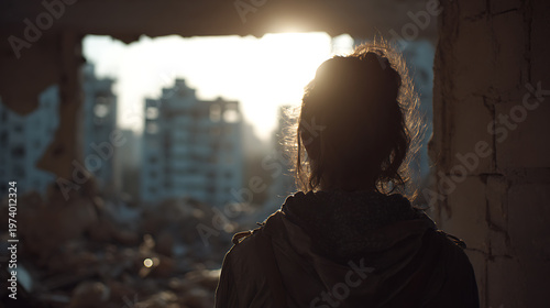 A woman standing in the ruins of a city, with the sun setting behind her